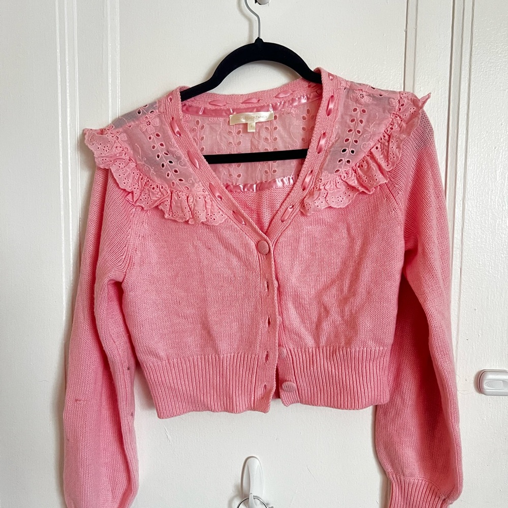 LoveShackFancy Pink Ruffle Lace Cardigan